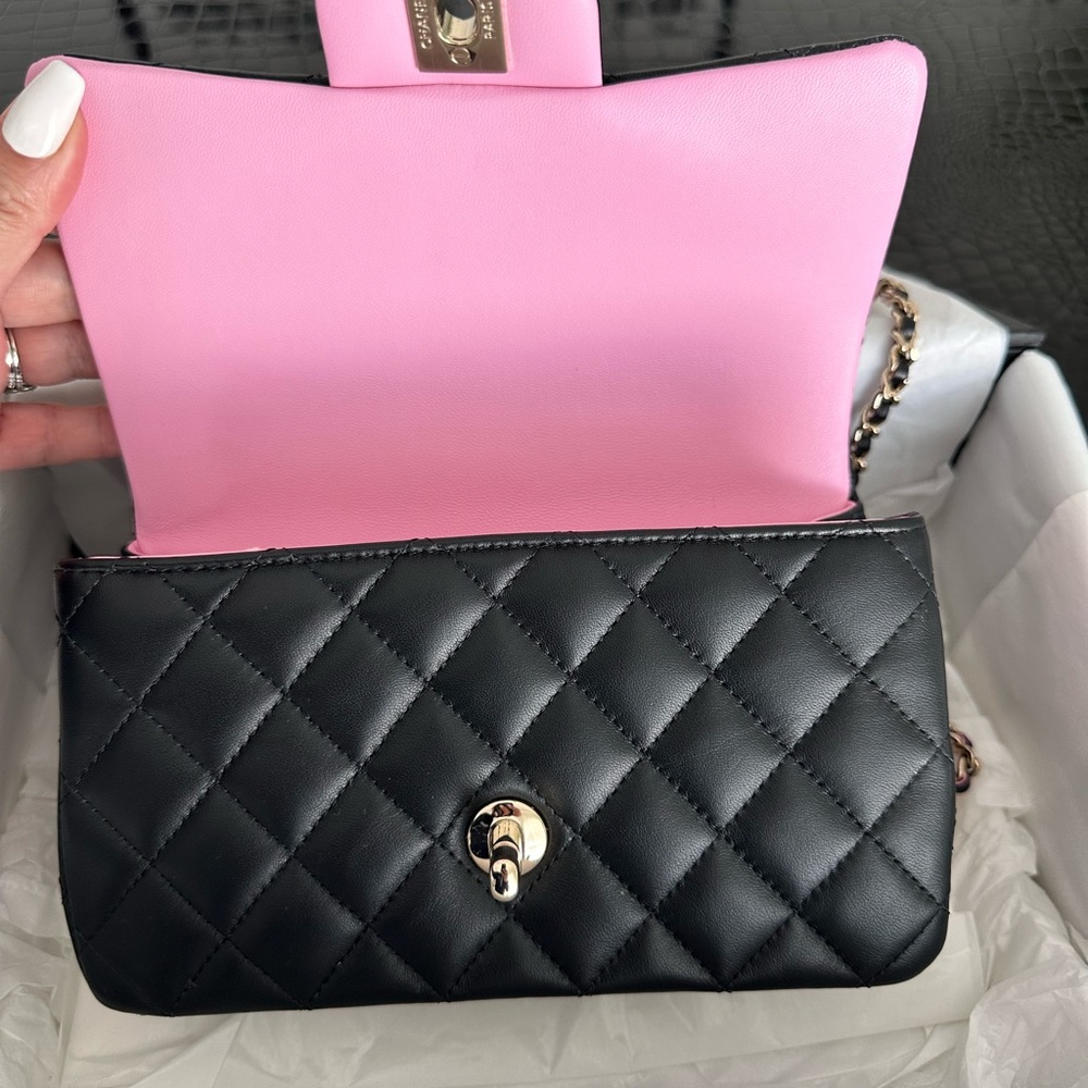 New 23P Chanel Mini Top Handle Rectangle Flap Black & Pink Bag Handbag 😍 - Picture 2 of 4